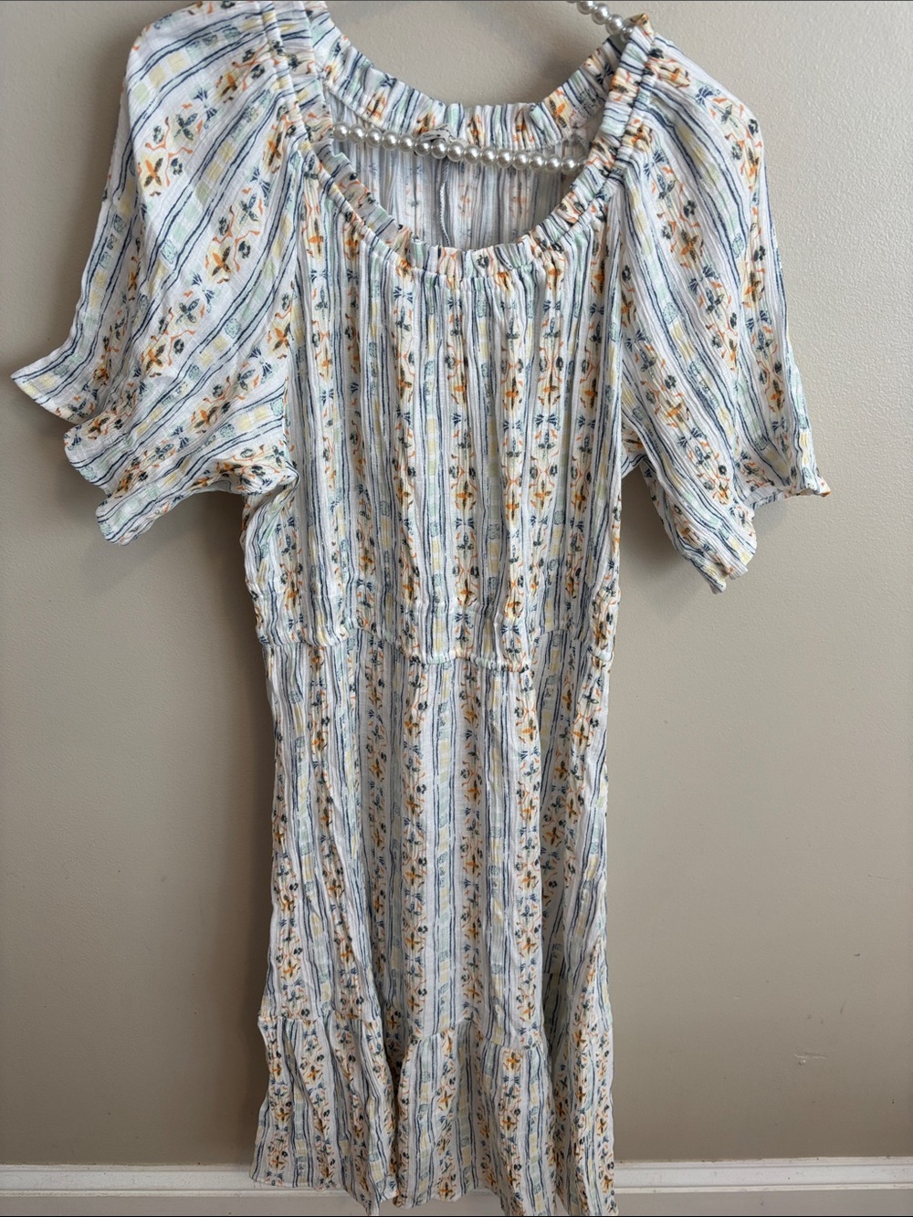 Wonderly Dress Large Womens Floral Stripe Boho Tiered Midi Short Puff Sleeve L